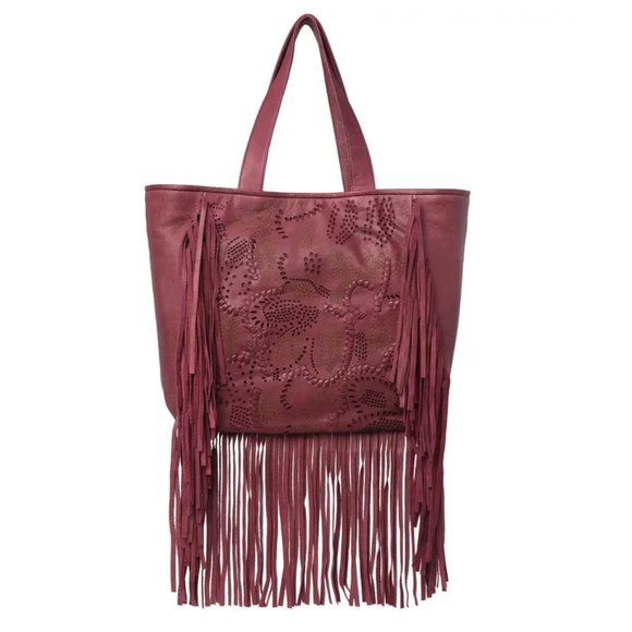 Frye Vivian Leather Fringe Tote Bag in Open Red  Boho Shoulder Strap Handbag - Picture 1 of 4